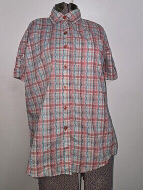 Adrian Delafield Purple Yellow Plaid Short Sleeve Button-Up Shirt Artsy Casual